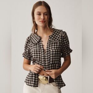 Anthropologie Pilcro The Keira Black Tan Plaid Blouse Top XL